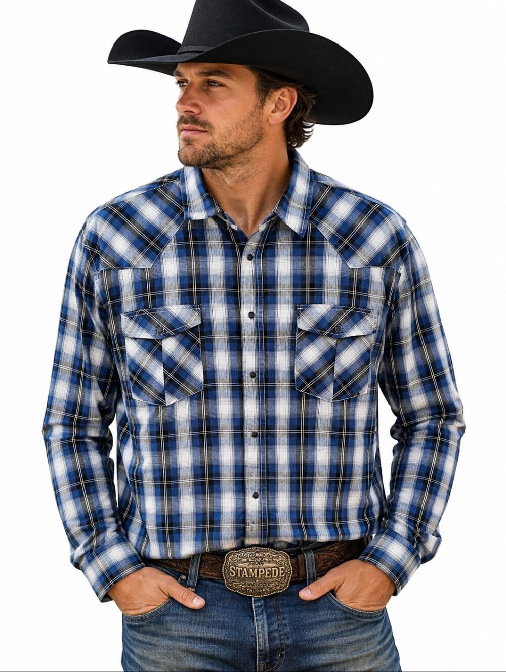 Coastal Blue Plaid Pearl Snap Western Button-Up Shirt XXL Cotton Blend